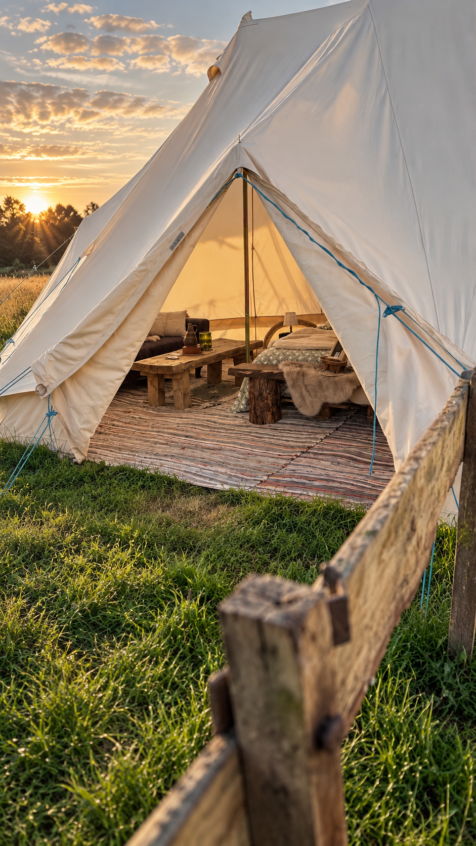 Montana deluxe bell tent open at sunset, with its bed and rustic seating visible inside