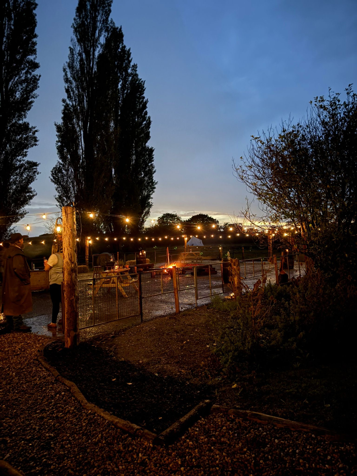 The Branding Pen lit by string lights and a fire pit after dark