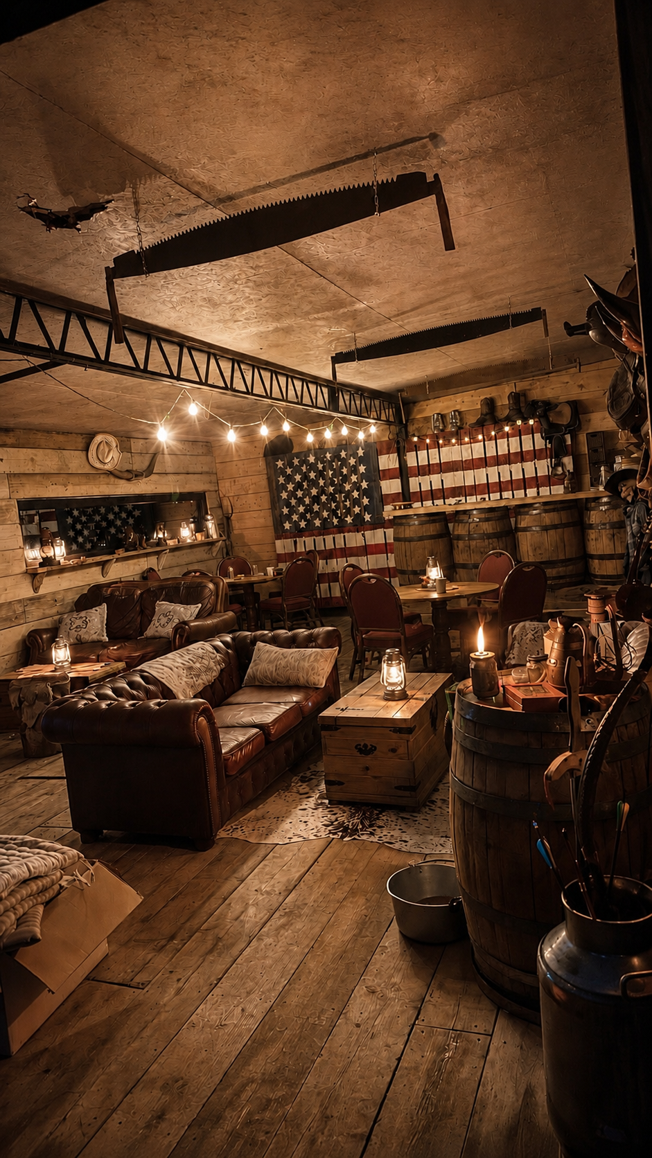 The Lost & Found saloon interior with leather Chesterfield sofas, barrel tables, an American flag wall hanging, lanterns and cowboy details