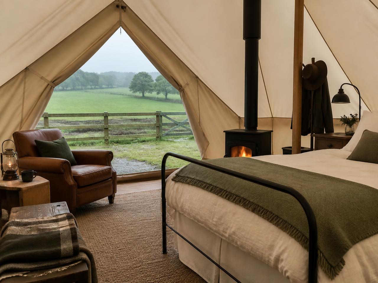 Oklahoma deluxe bell tent interior with king-size bed, leather chair and views over the farm