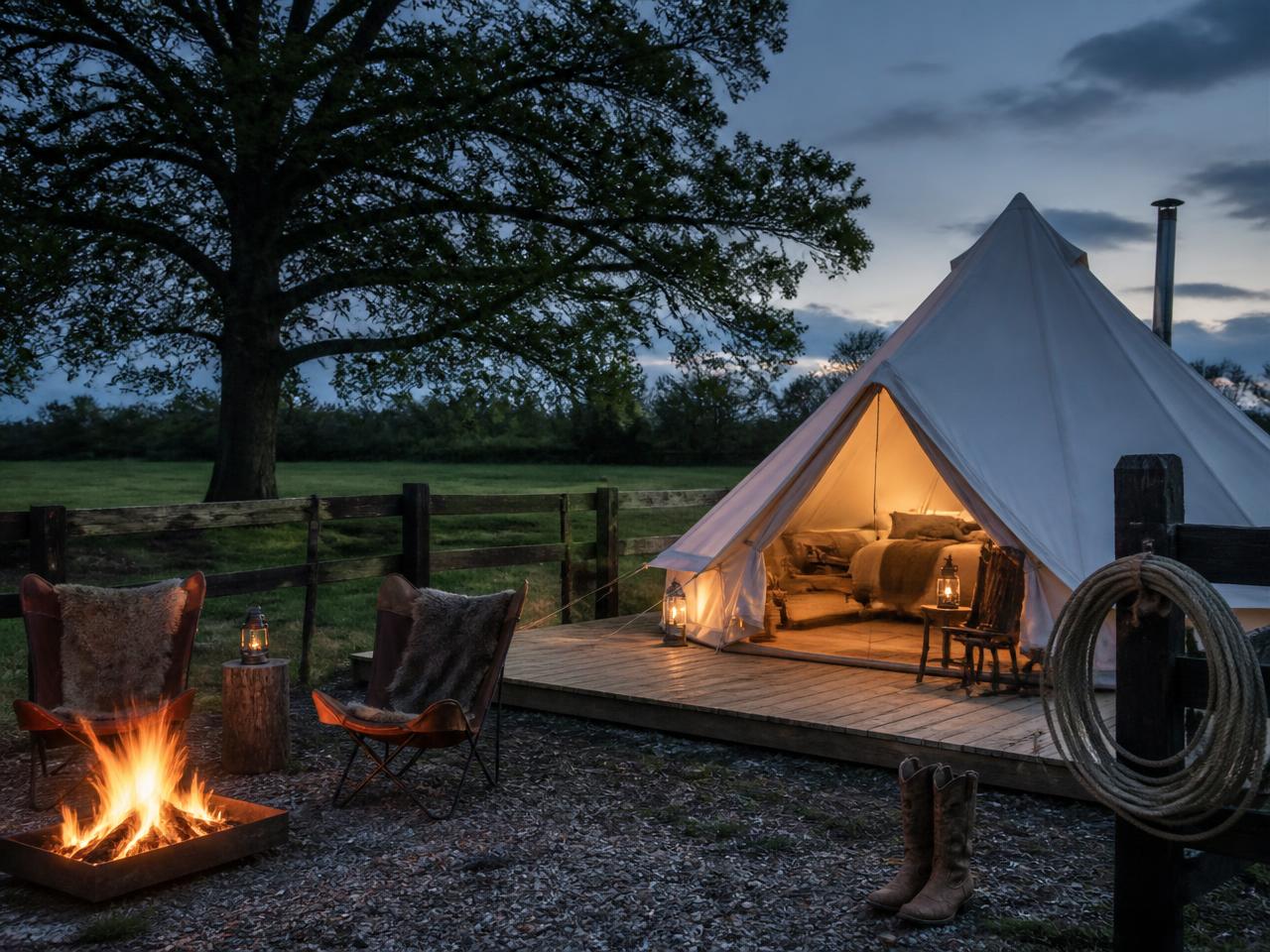 Texas deluxe bell tent beside a timber corral with cowboy boots, rope and an outdoor log fire